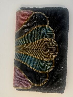Vintage 80s Black Multicolor Beaded Clutch Evening Bag.